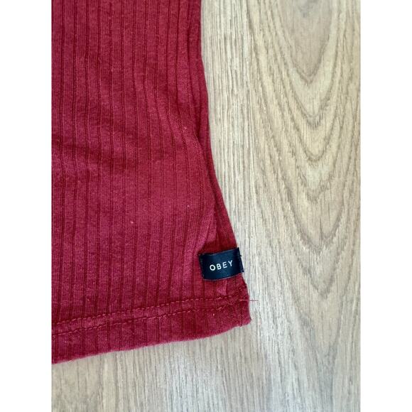 Obey Women’s Dark Red Sleeveless Mock Neck Long Fitted Ribbed Top Size Small - Picture 3 of 6